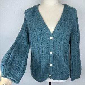 Vintage Simple Retro‎ Cardigan Wool Sweater Blue V Neck Button Knit Long Sleeve